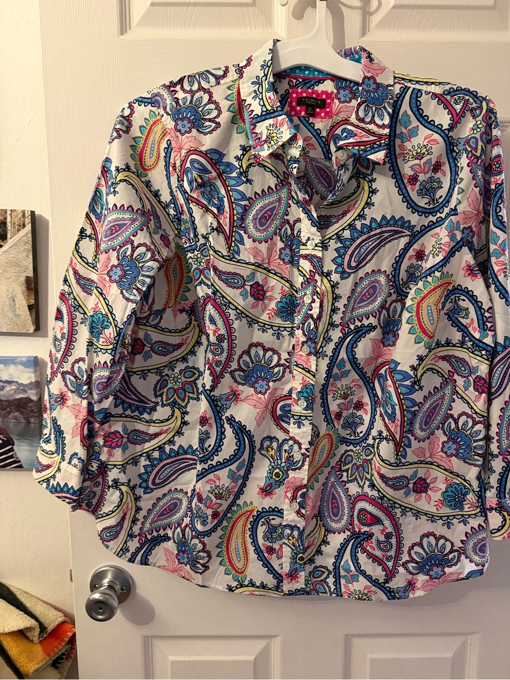 Talbots White Paisley Button-Down Blouse with Blue and Pink Accents
